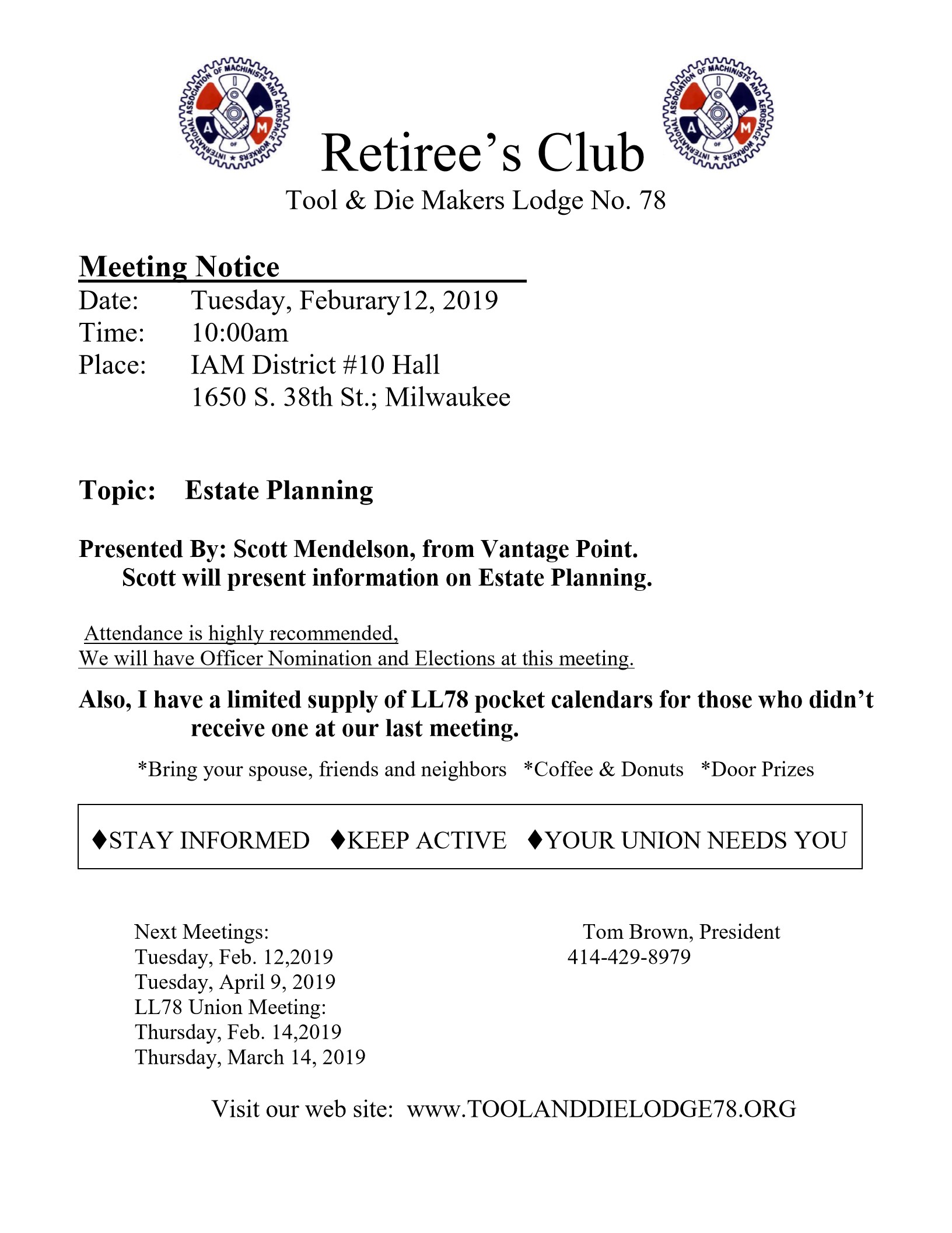 Retiree's Club Feb.12, 2019 Meeting Notice1